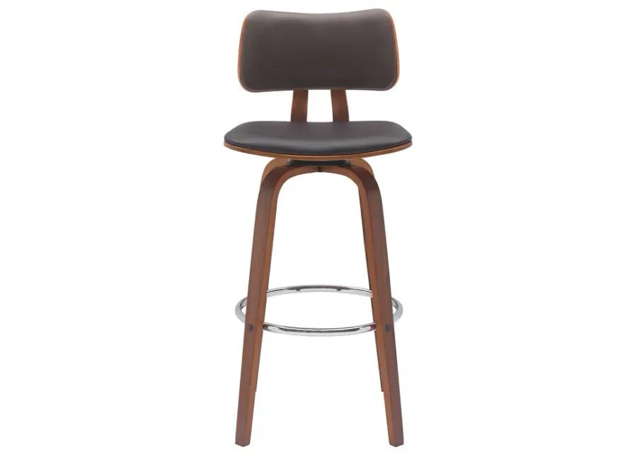 Pico 30" Swivel Walnut Wood Bar Stool in Brown Faux Leather with Chrome