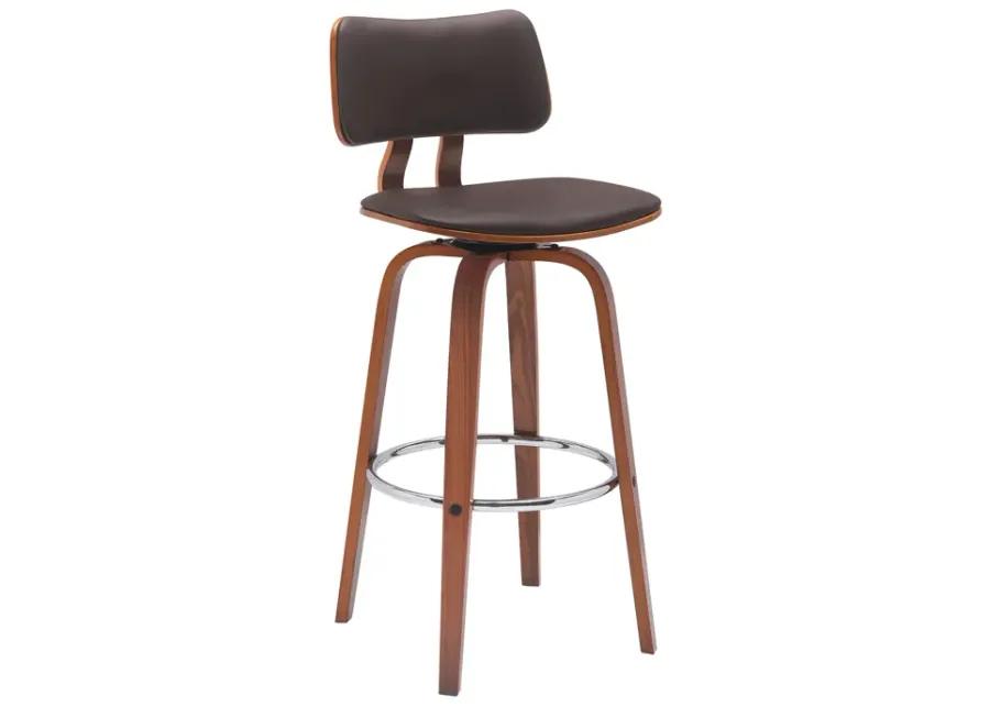 Pico 30" Swivel Walnut Wood Bar Stool in Brown Faux Leather with Chrome