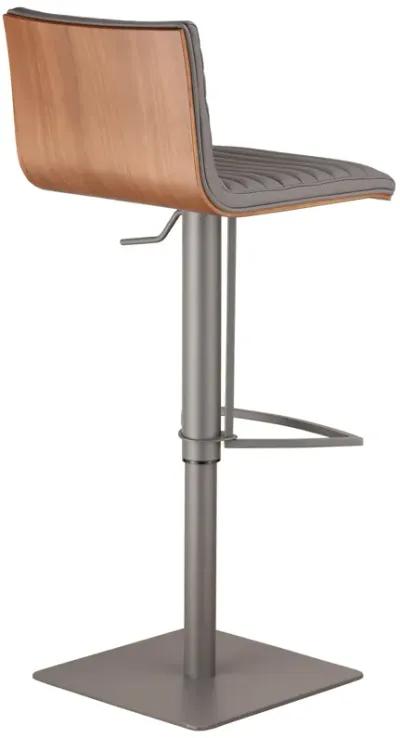 Caf� Adjustable Height Swivel Grey Faux Leather and Walnut Wood Bar Stool with Grey Metal Base