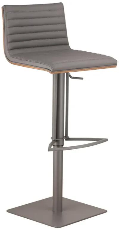 Caf� Adjustable Height Swivel Grey Faux Leather and Walnut Wood Bar Stool with Grey Metal Base