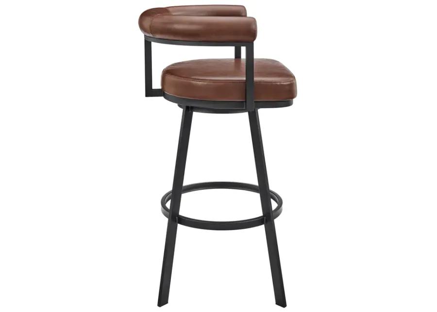 Nolagam Swivel Counter Stool in Black Metal with Brown Faux Leather