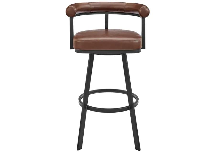 Nolagam Swivel Counter Stool in Black Metal with Brown Faux Leather