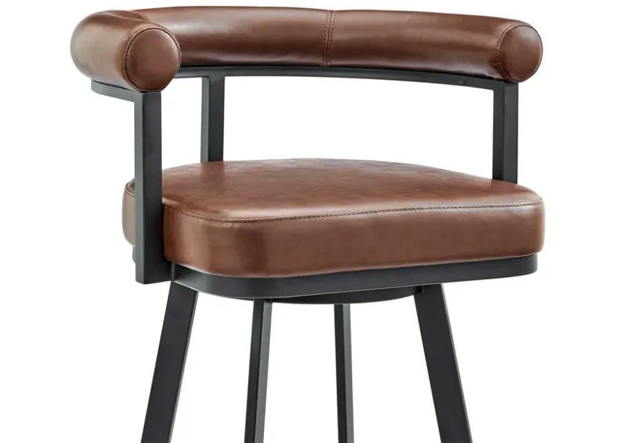 Nolagam Swivel Counter Stool in Black Metal with Brown Faux Leather