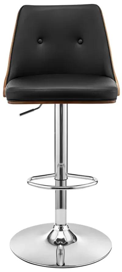 Jacob Adjustable Swivel Black Faux Leather and Walnut Wood Bar Stool with Chrome Base