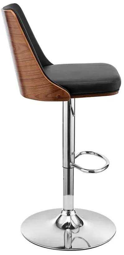 Jacob Adjustable Swivel Black Faux Leather and Walnut Wood Bar Stool with Chrome Base