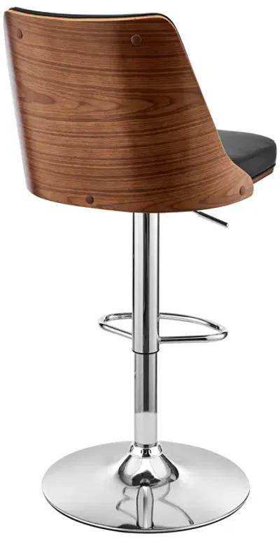 Jacob Adjustable Swivel Black Faux Leather and Walnut Wood Bar Stool with Chrome Base