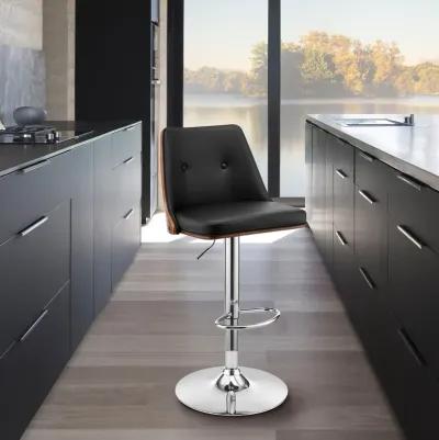 Jacob Adjustable Swivel Black Faux Leather and Walnut Wood Bar Stool with Chrome Base