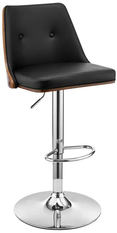 Jacob Adjustable Swivel Black Faux Leather and Walnut Wood Bar Stool with Chrome Base