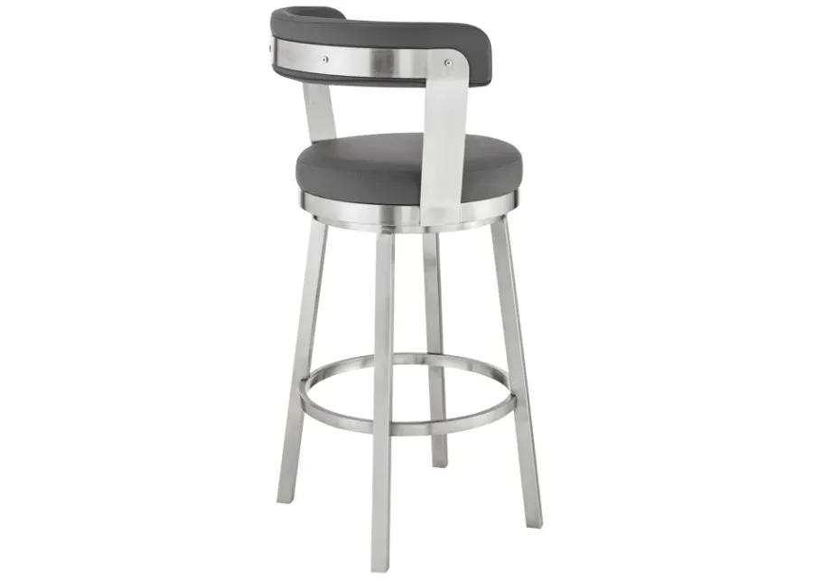 Bryant 30" Bar Height Swivel Bar Stool in Brushed Stainless Steel Finish and Gray Faux Leather