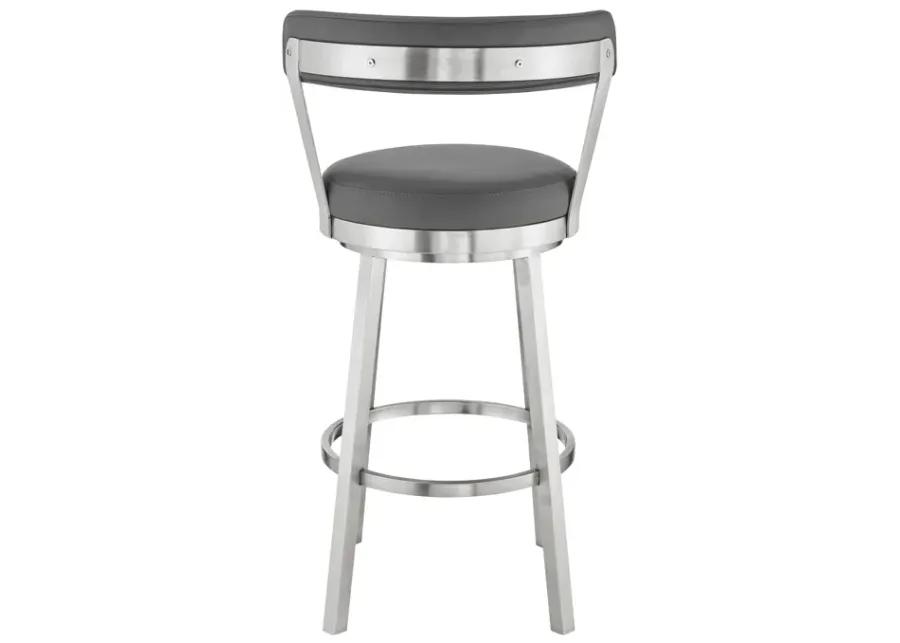 Bryant 30" Bar Height Swivel Bar Stool in Brushed Stainless Steel Finish and Gray Faux Leather