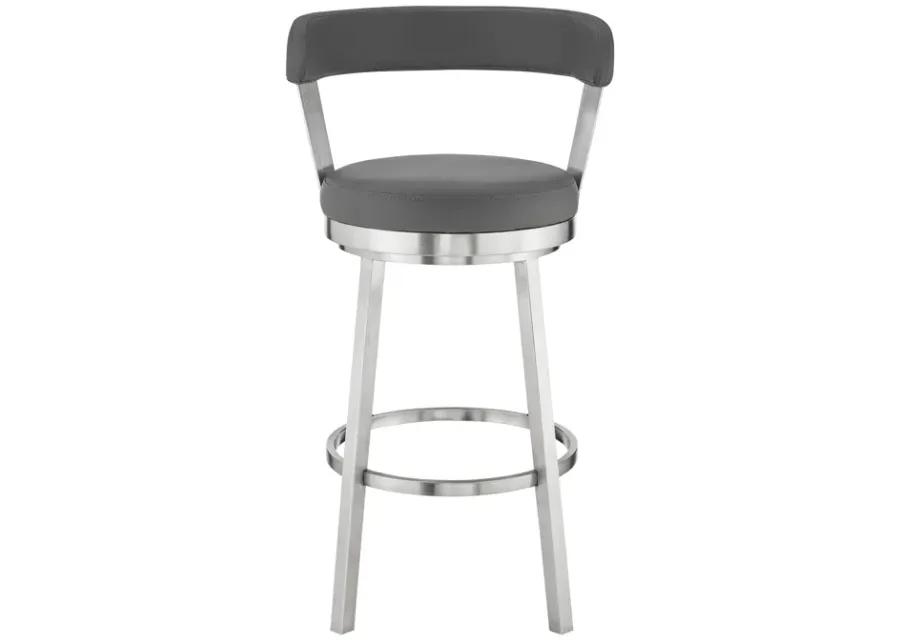 Bryant 30" Bar Height Swivel Bar Stool in Brushed Stainless Steel Finish and Gray Faux Leather