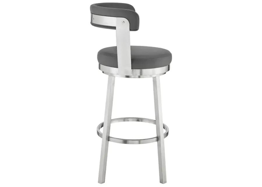 Bryant 30" Bar Height Swivel Bar Stool in Brushed Stainless Steel Finish and Gray Faux Leather