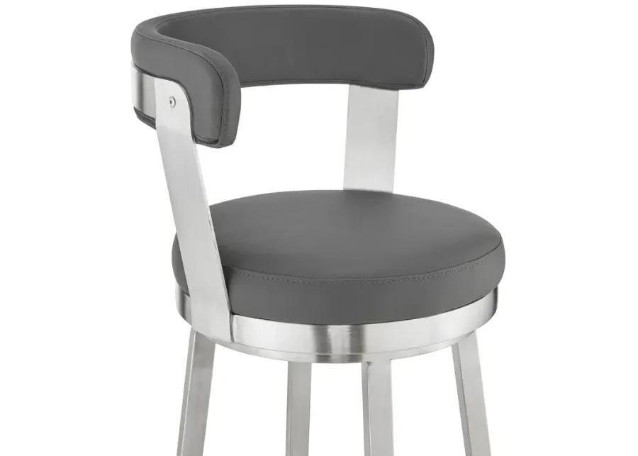 Bryant 30" Bar Height Swivel Bar Stool in Brushed Stainless Steel Finish and Gray Faux Leather