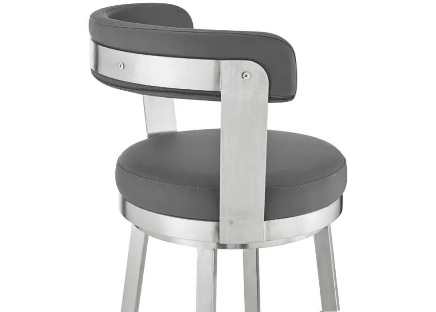 Bryant 30" Bar Height Swivel Bar Stool in Brushed Stainless Steel Finish and Gray Faux Leather