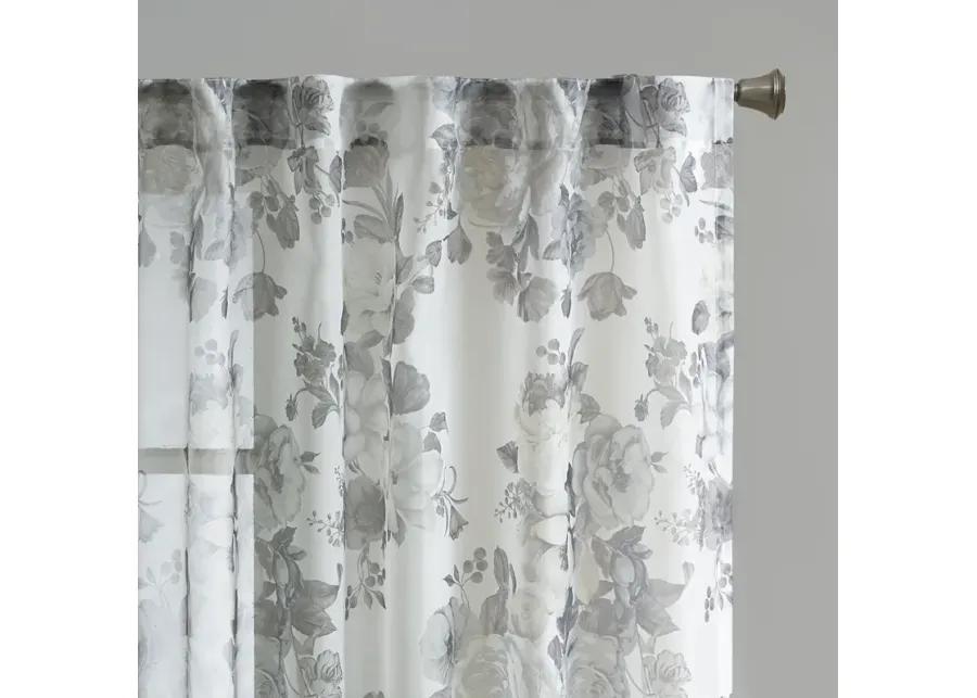 Madison Park Simone White Printed Floral Rod Pocket and Back Tab Voile Sheer Curtain