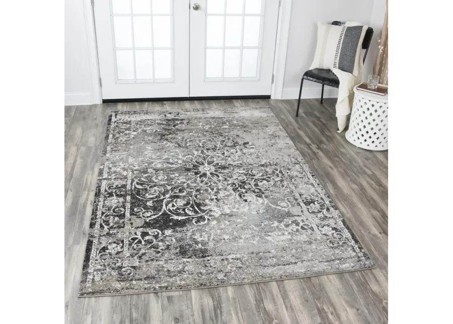 Panache Taupe/Gray Central Medallion Scroll work Distress  Polypropylene 5'3" x 7'6" Rectangle Rug