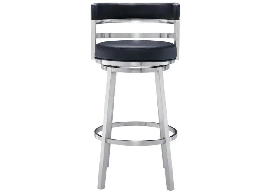 Madrid 26" Counter Height Swivel Black Faux Leather and Brushed Stainless Steel Bar Stool