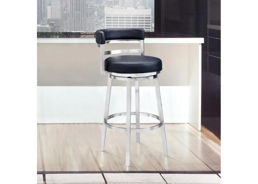 Madrid 26" Counter Height Swivel Black Faux Leather and Brushed Stainless Steel Bar Stool