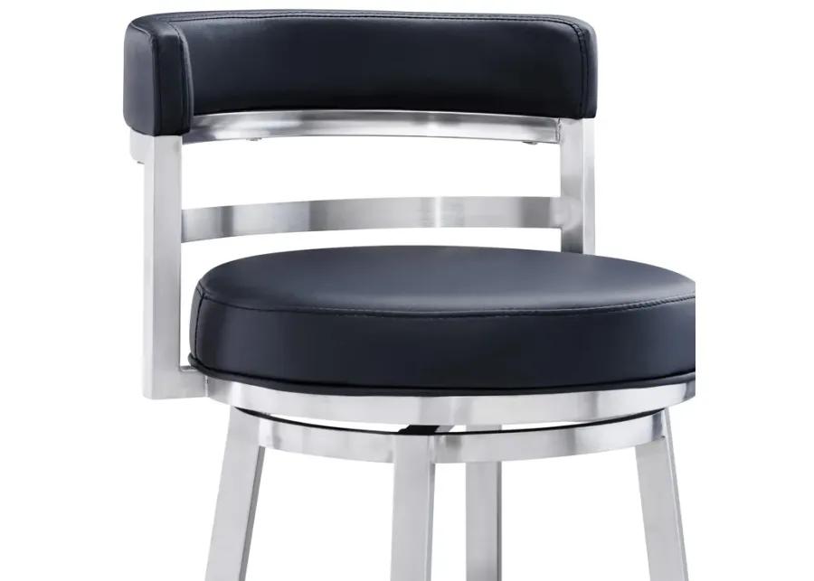 Madrid 26" Counter Height Swivel Black Faux Leather and Brushed Stainless Steel Bar Stool