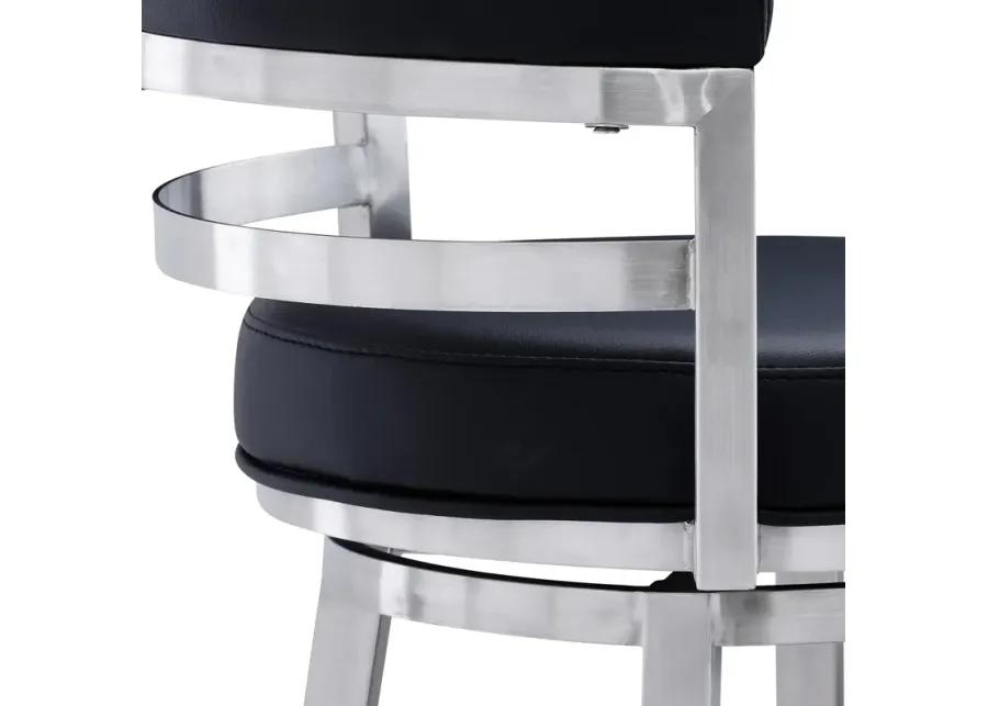 Madrid 26" Counter Height Swivel Black Faux Leather and Brushed Stainless Steel Bar Stool