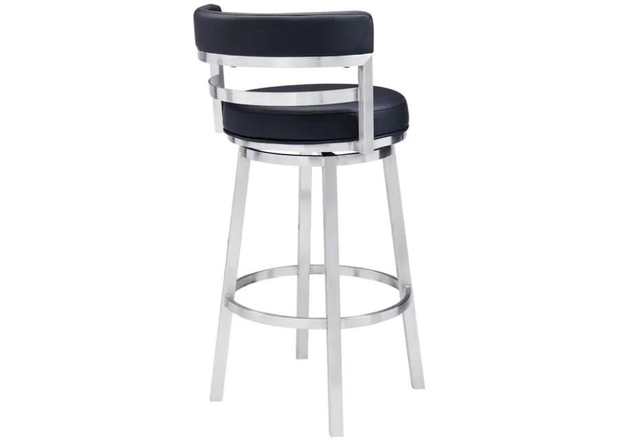 Madrid 26" Counter Height Swivel Black Faux Leather and Brushed Stainless Steel Bar Stool