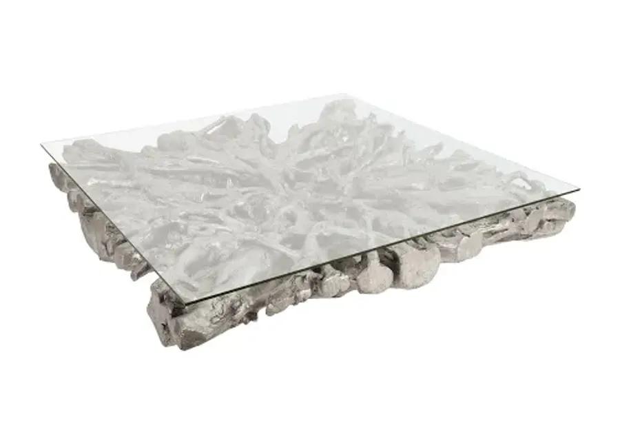 square root cast coffee table, with glass