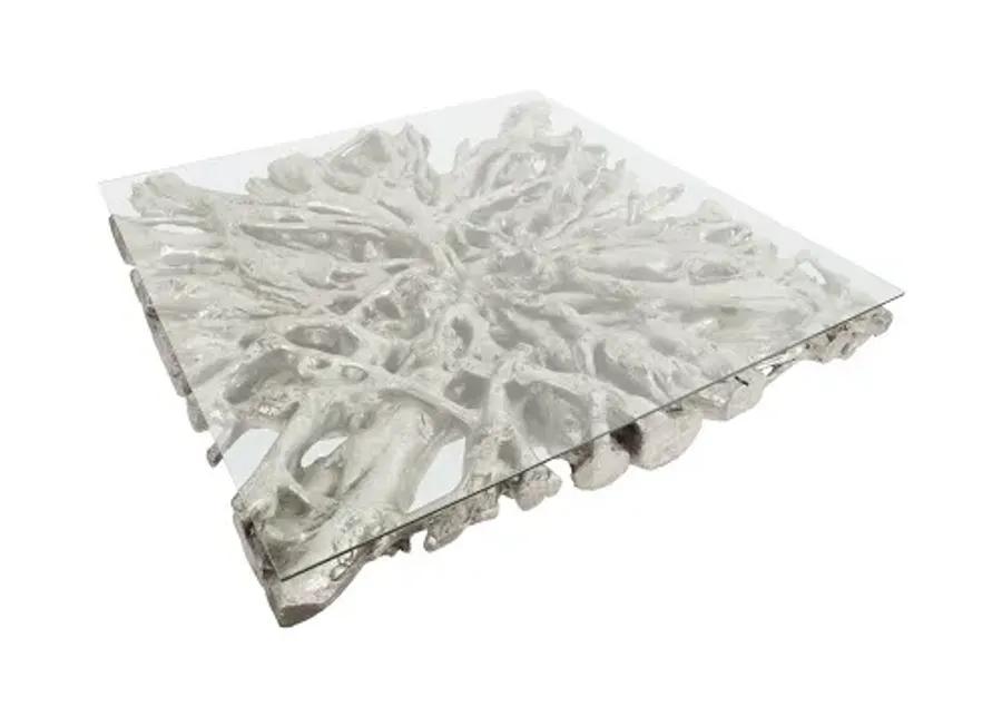 square root cast coffee table, with glass