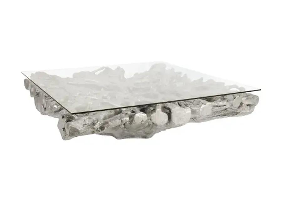 square root cast coffee table, with glass