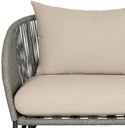 Benicia Outdoor Patio Sofa in Black Steel with Gray Rope and Taupe Olefin Cushions