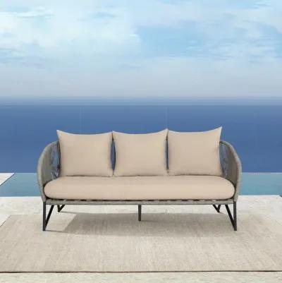 Benicia Outdoor Patio Sofa in Black Steel with Gray Rope and Taupe Olefin Cushions