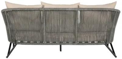 Benicia Outdoor Patio Sofa in Black Steel with Gray Rope and Taupe Olefin Cushions