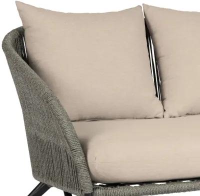 Benicia Outdoor Patio Sofa in Black Steel with Gray Rope and Taupe Olefin Cushions