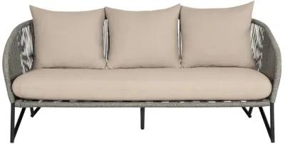 Benicia Outdoor Patio Sofa in Black Steel with Gray Rope and Taupe Olefin Cushions