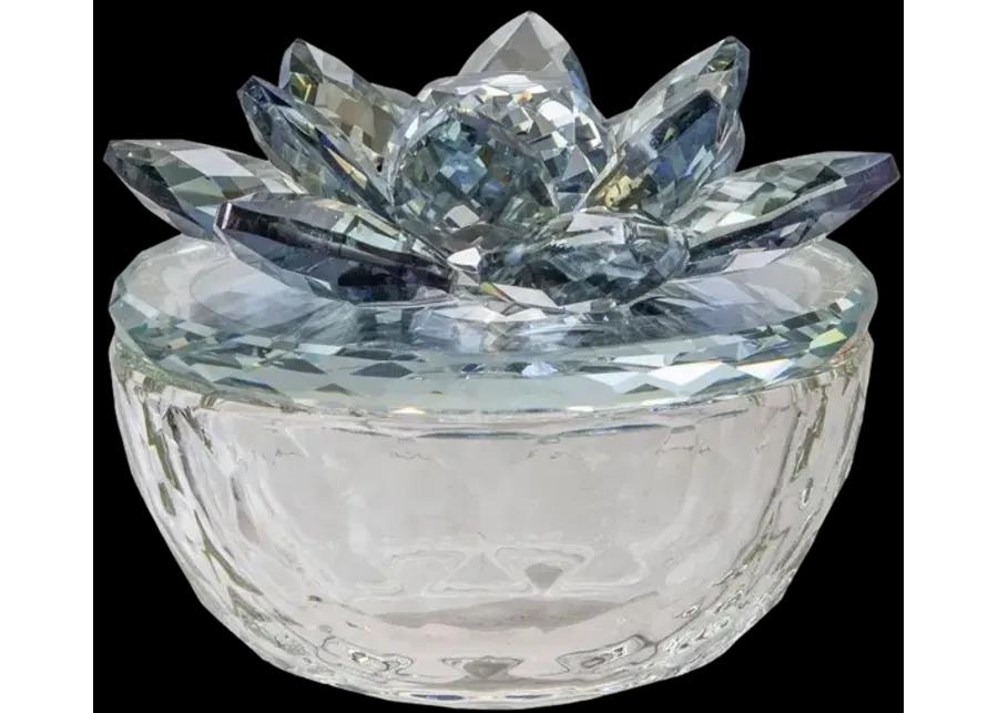 Glass Trinket Box Clear W/lt Blue Lotus Top