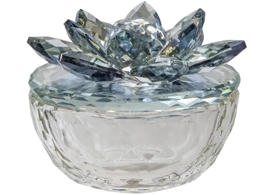 Glass Trinket Box Clear W/lt Blue Lotus Top