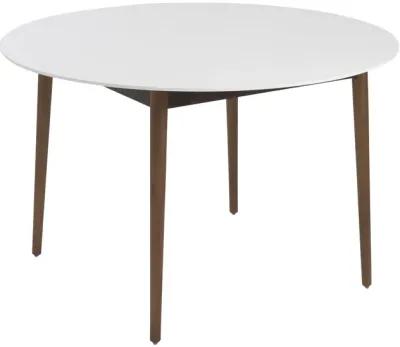 Manon Round Dining Table in Matte White with Dark Walnut Legs