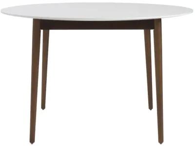 Manon Round Dining Table in Matte White with Dark Walnut Legs