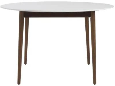 Manon Round Dining Table in Matte White with Dark Walnut Legs