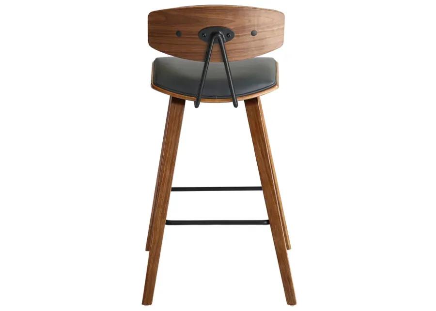 Fox 28.5" Bar Height Grey Faux Leather and Walnut Wood Mid-Century Modern Bar Stool