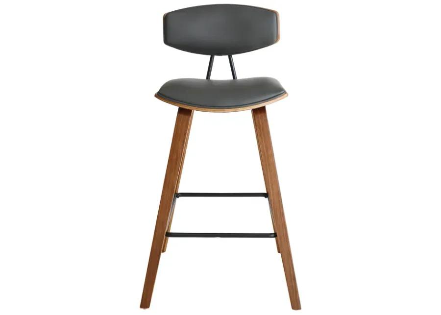 Fox 28.5" Bar Height Grey Faux Leather and Walnut Wood Mid-Century Modern Bar Stool