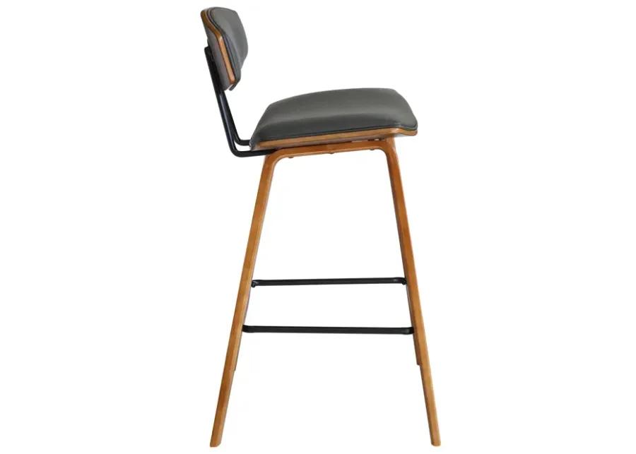 Fox 28.5" Bar Height Grey Faux Leather and Walnut Wood Mid-Century Modern Bar Stool