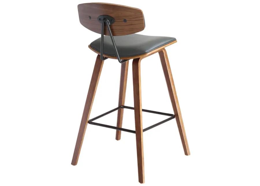 Fox 28.5" Bar Height Grey Faux Leather and Walnut Wood Mid-Century Modern Bar Stool