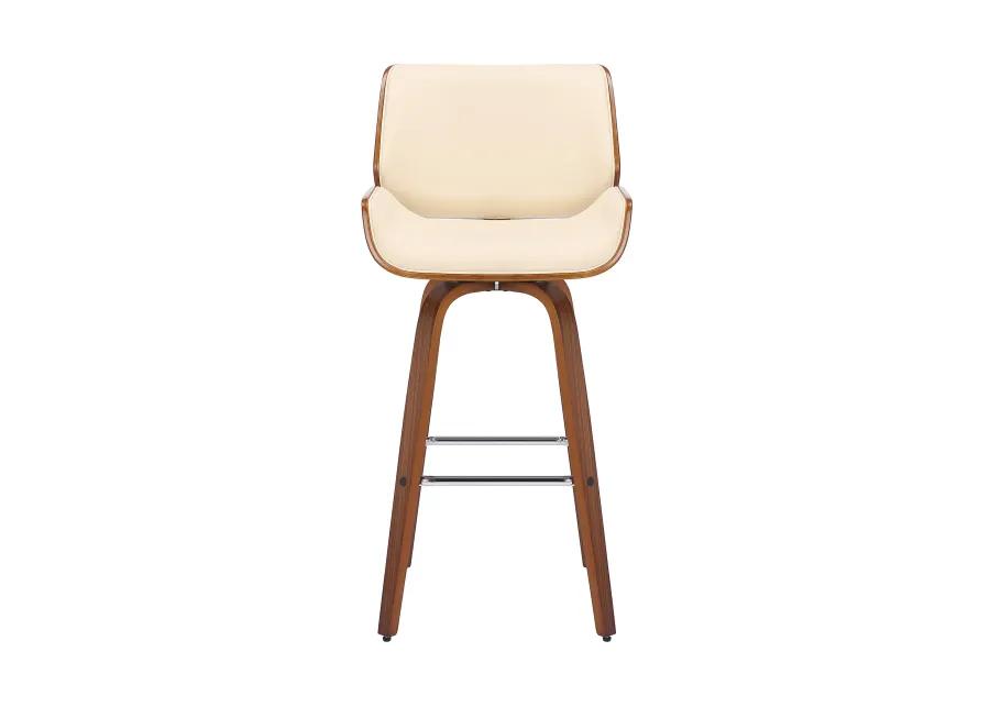 Tyler 30" Bar Height Swivel Cream Faux Leather and Walnut Wood Bar Stool