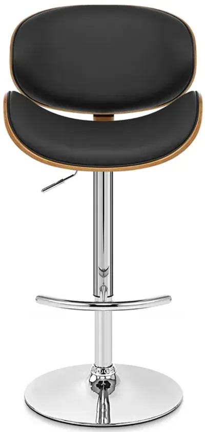 Naples Black Faux Leather Adjustable Height Swivel Walnut Wood and Chrome Base Bar Stool