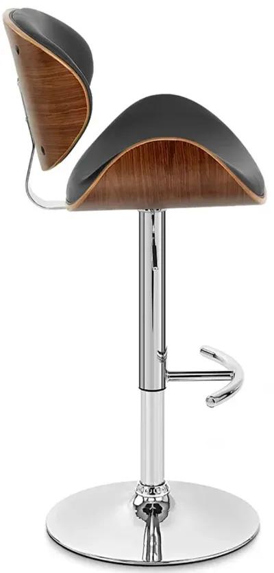 Naples Black Faux Leather Adjustable Height Swivel Walnut Wood and Chrome Base Bar Stool