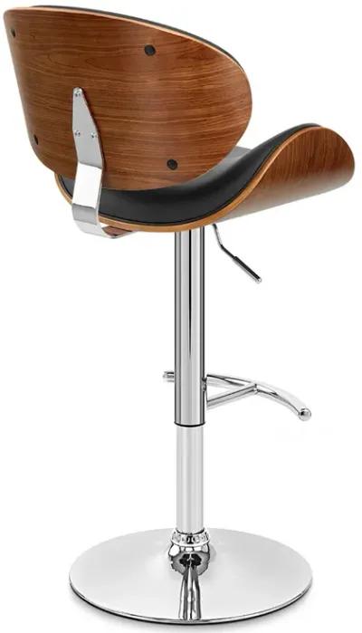 Naples Black Faux Leather Adjustable Height Swivel Walnut Wood and Chrome Base Bar Stool