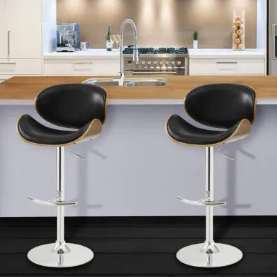 Naples Black Faux Leather Adjustable Height Swivel Walnut Wood and Chrome Base Bar Stool