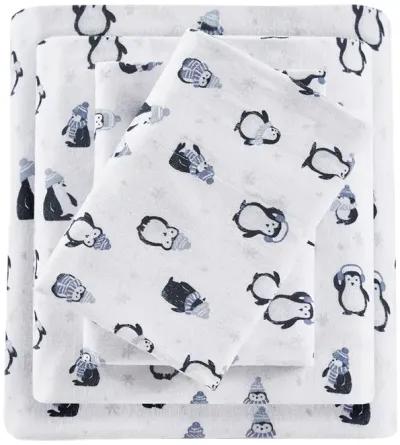 Intelligent Design Cozy Soft Blue Penguins Cotton Flannel Printed Sheet Set