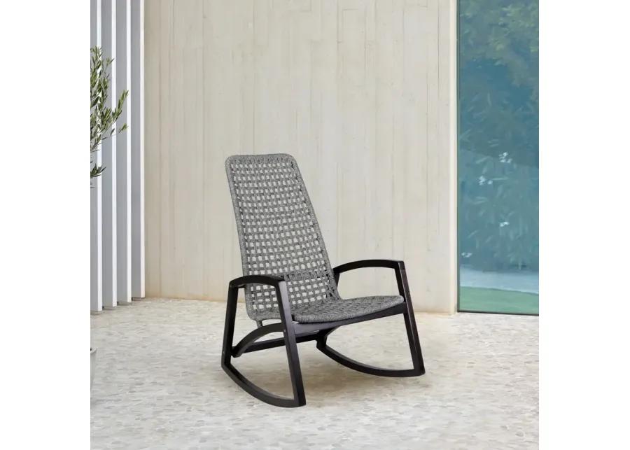 Sequoia Outdoor Patio Rocking Chair in Dark Eucalyptus Wood and Gray Rope