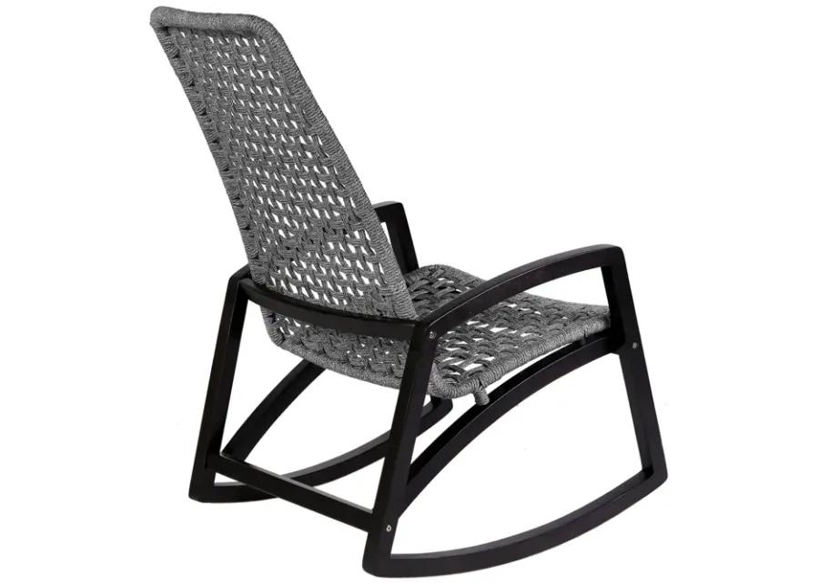 Sequoia Outdoor Patio Rocking Chair in Dark Eucalyptus Wood and Gray Rope